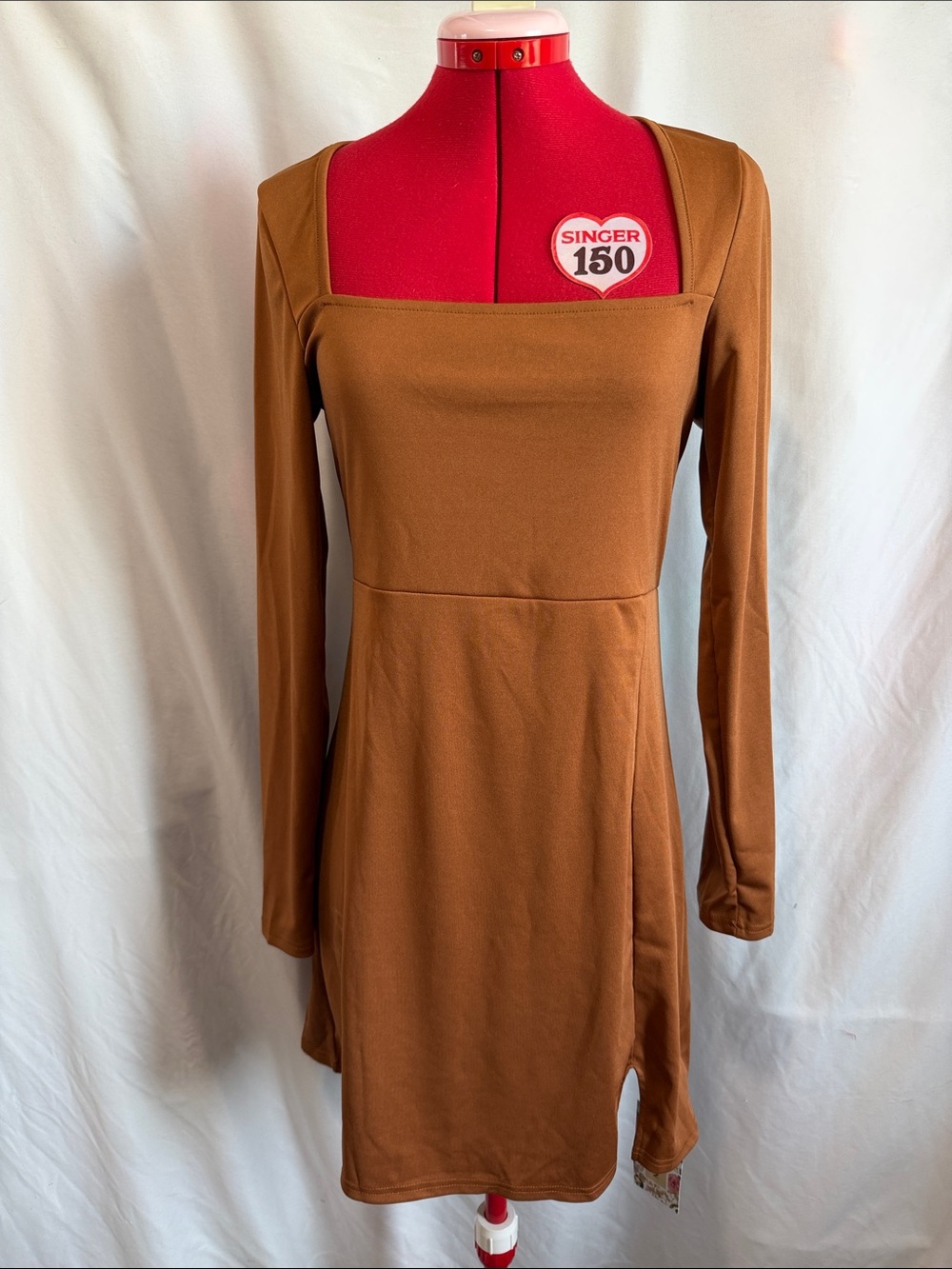 Square Neck Long Sleeve Dress in Warm Brown
